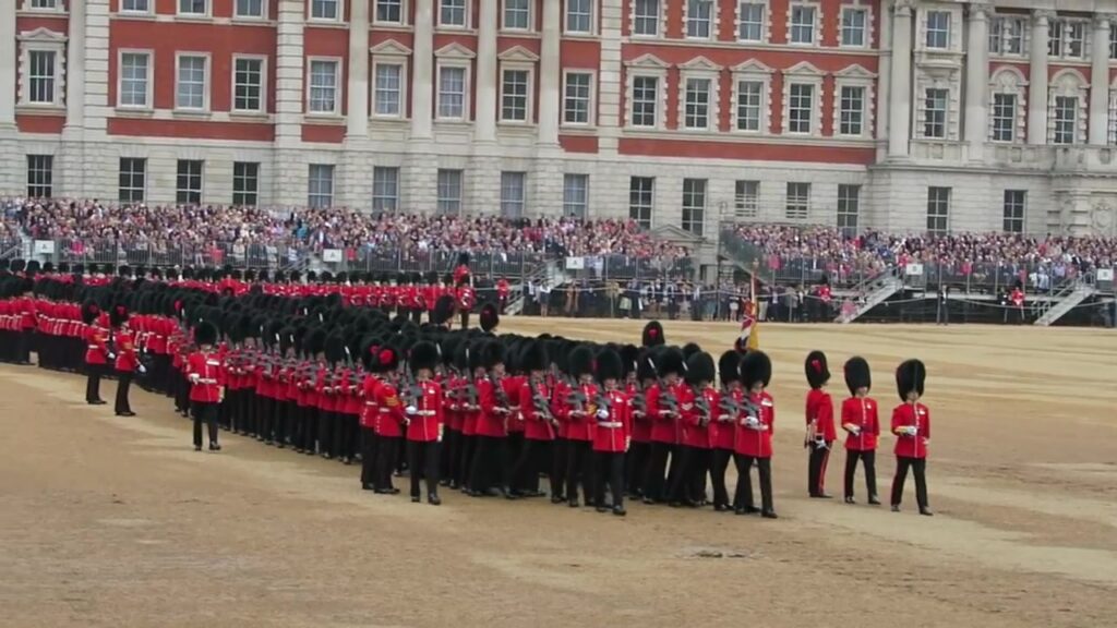 Foot Guards in scarlet tunics formed up at Horse Guards Parade