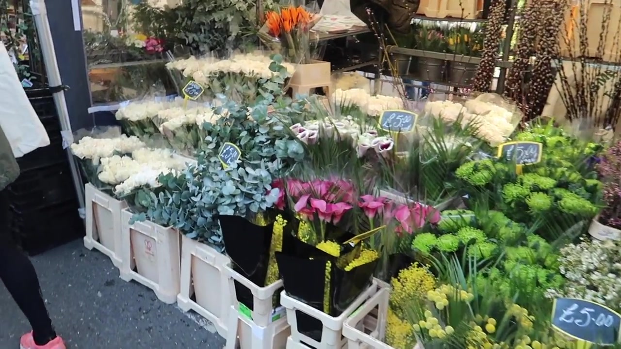 Buckets of flowers and foliage line the market.