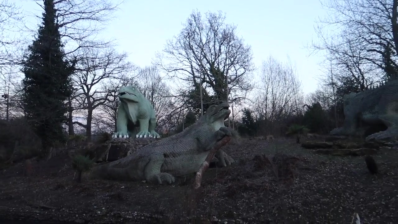 The dinosaur models on the walk through Crystal Palace Park.
