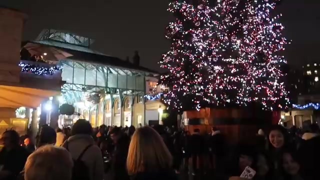 Pink and white lights on the large Christmas tree beside Covent Garden Market