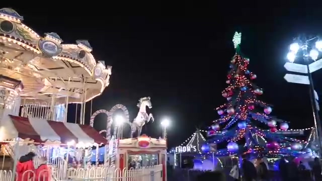 An illuminated carousel beside a decorated Christmas tree at Winter Wonderland