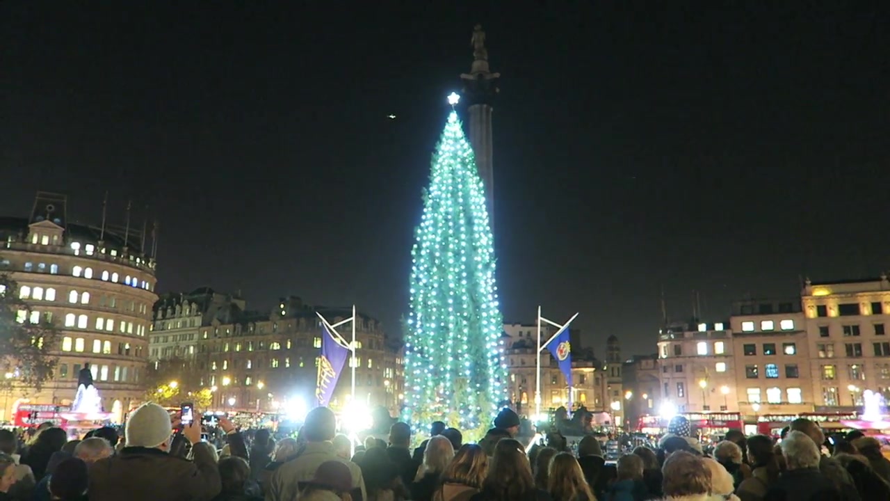 Illuminated Norwegian Christmas tree and crowd in Trafalgar Square in December 2016