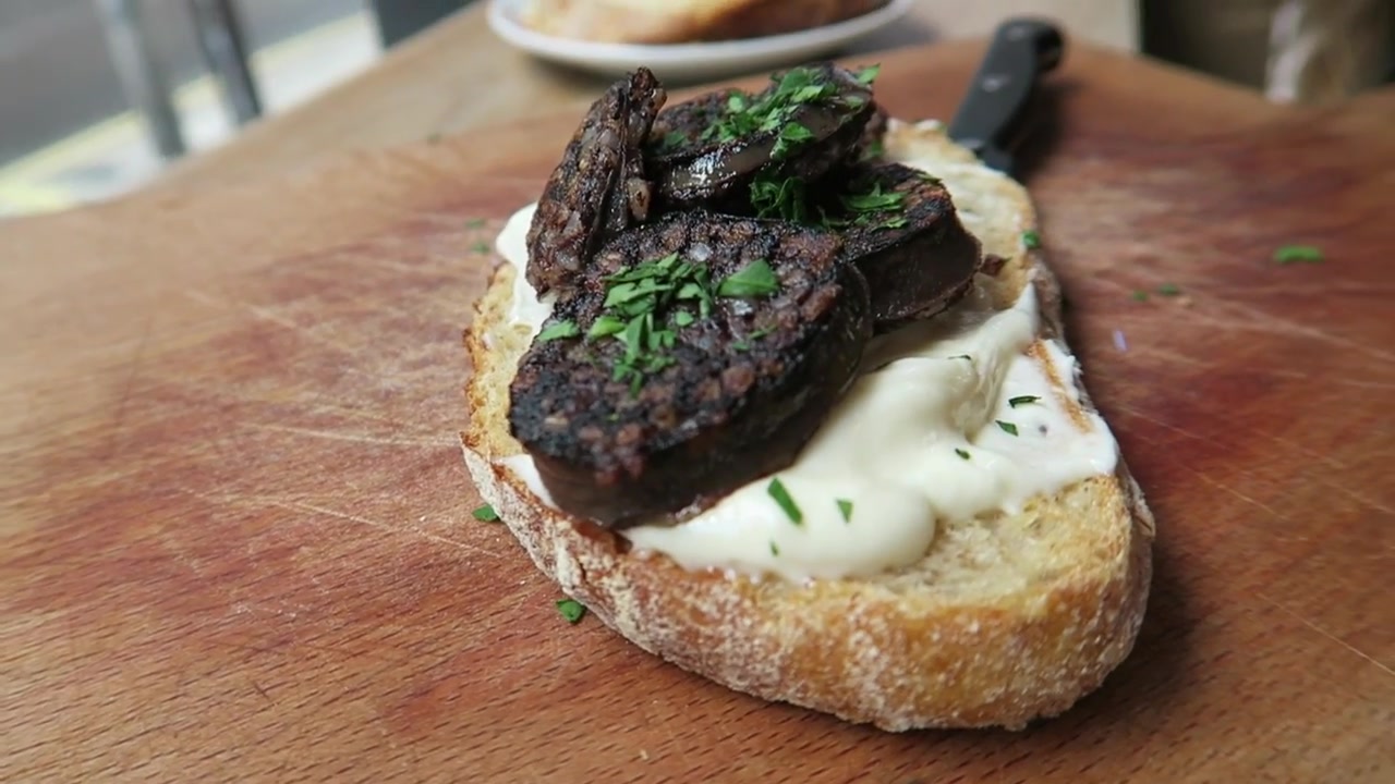 Morcilla on grilled sourdough with aioli at Fernandez and Wells