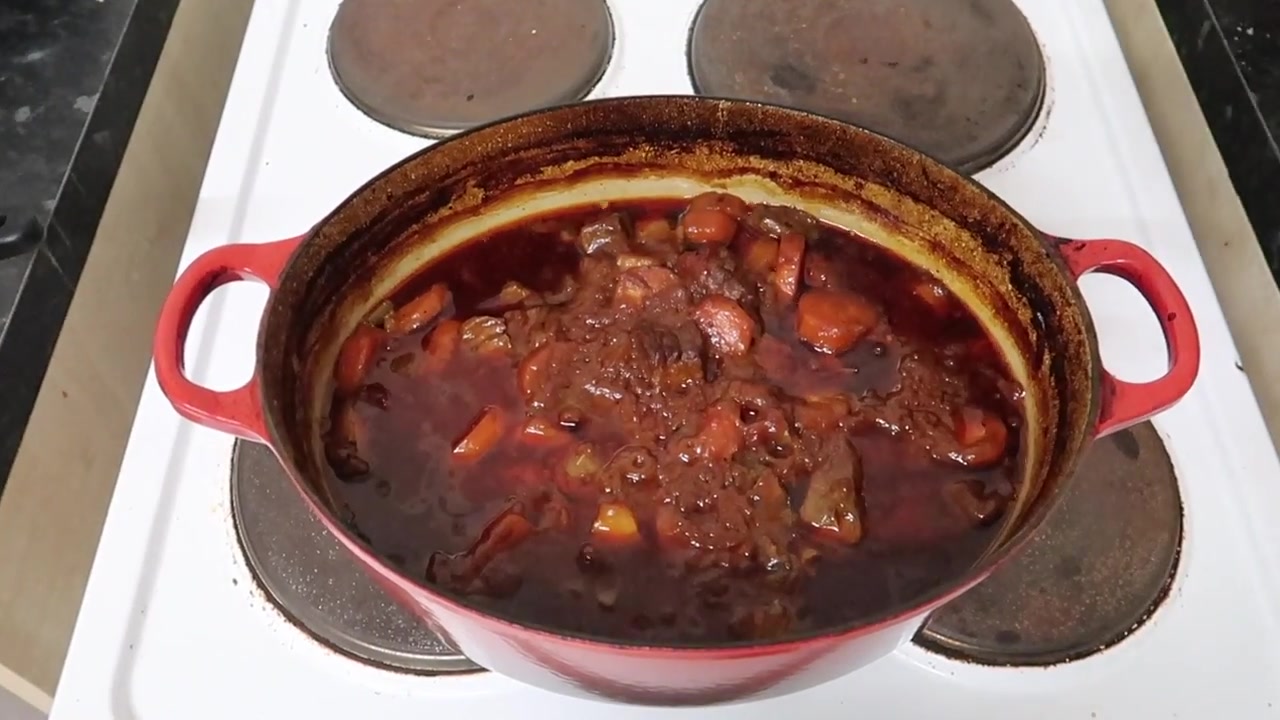 The rich beef and Guinness stew after about five hours in the oven.
