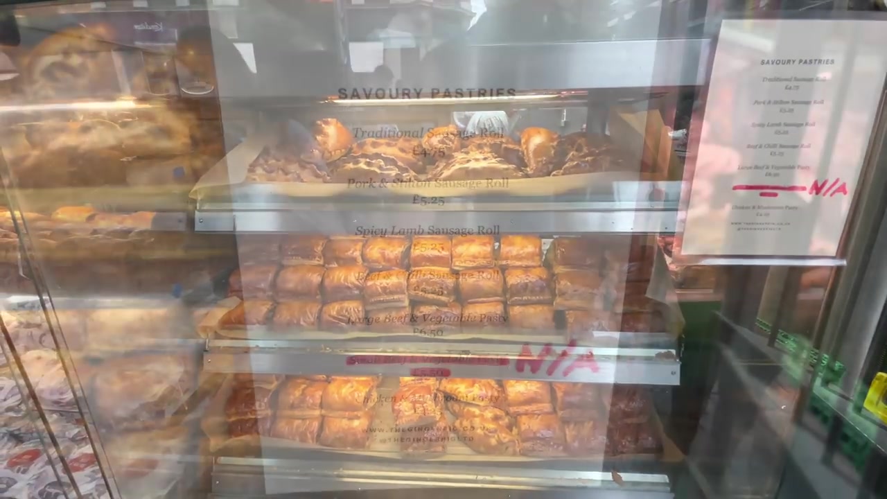 Sausage rolls displayed at The Ginger Pig in Borough Market