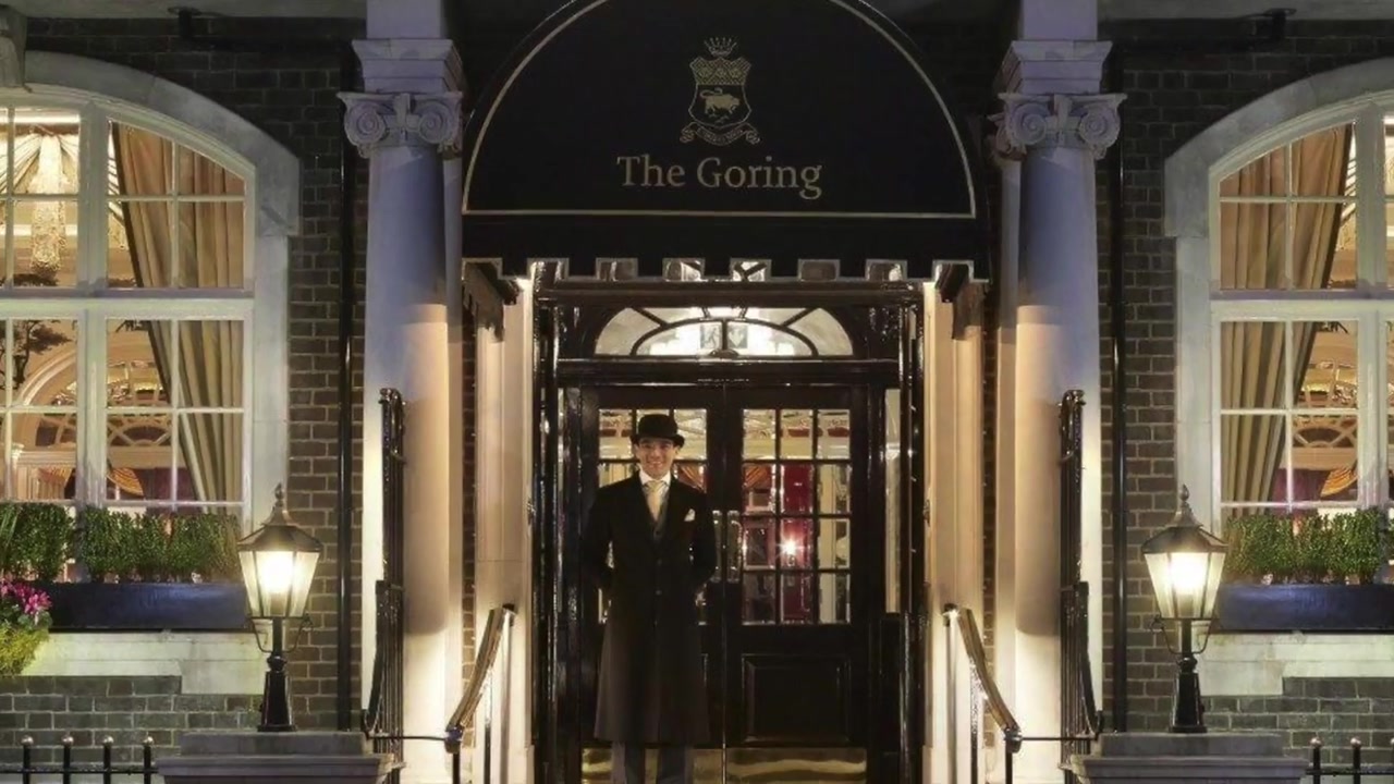 The illuminated entrance to The Goring during the New Year’s Eve visit.