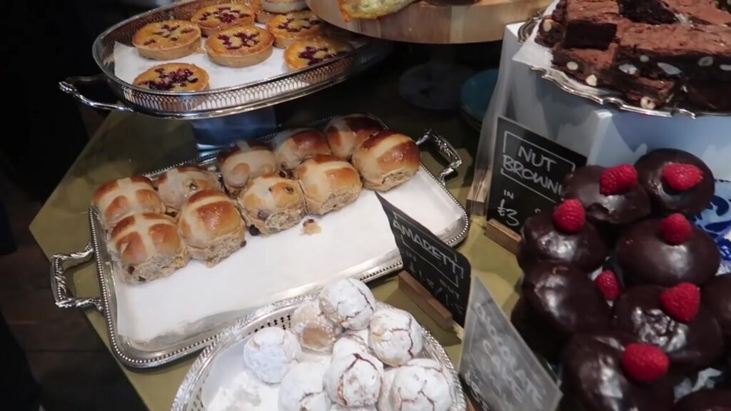 Hot cross buns on the Bread Ahead counter during the Easter visit.