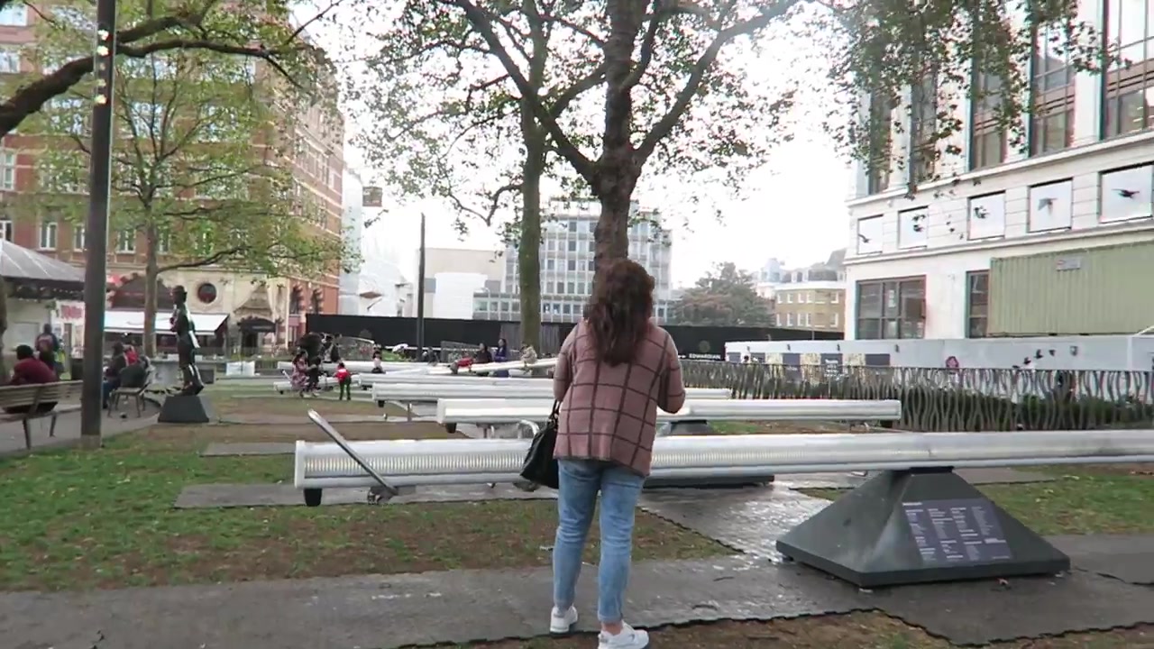 Long white Impulse seesaws and their supports in Leicester Square gardens