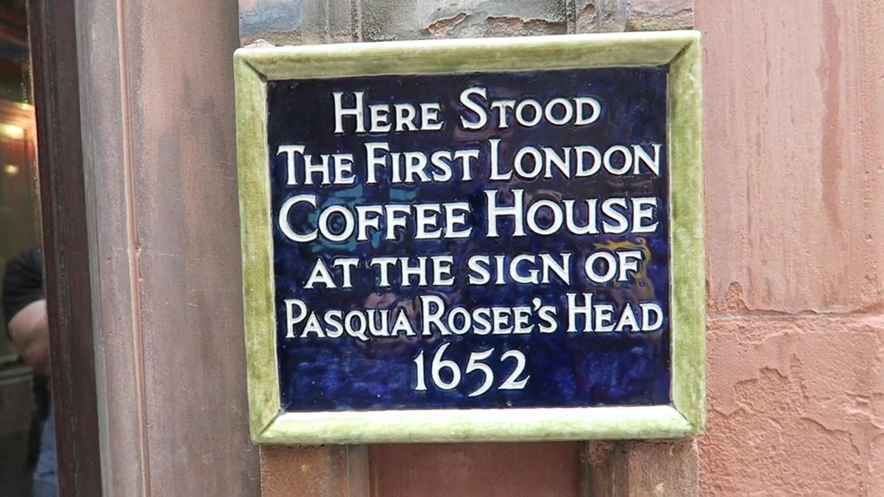 Blue plaque at Jamaica Wine House commemorating Pasqua Rosee and London’s first coffee house in 1652