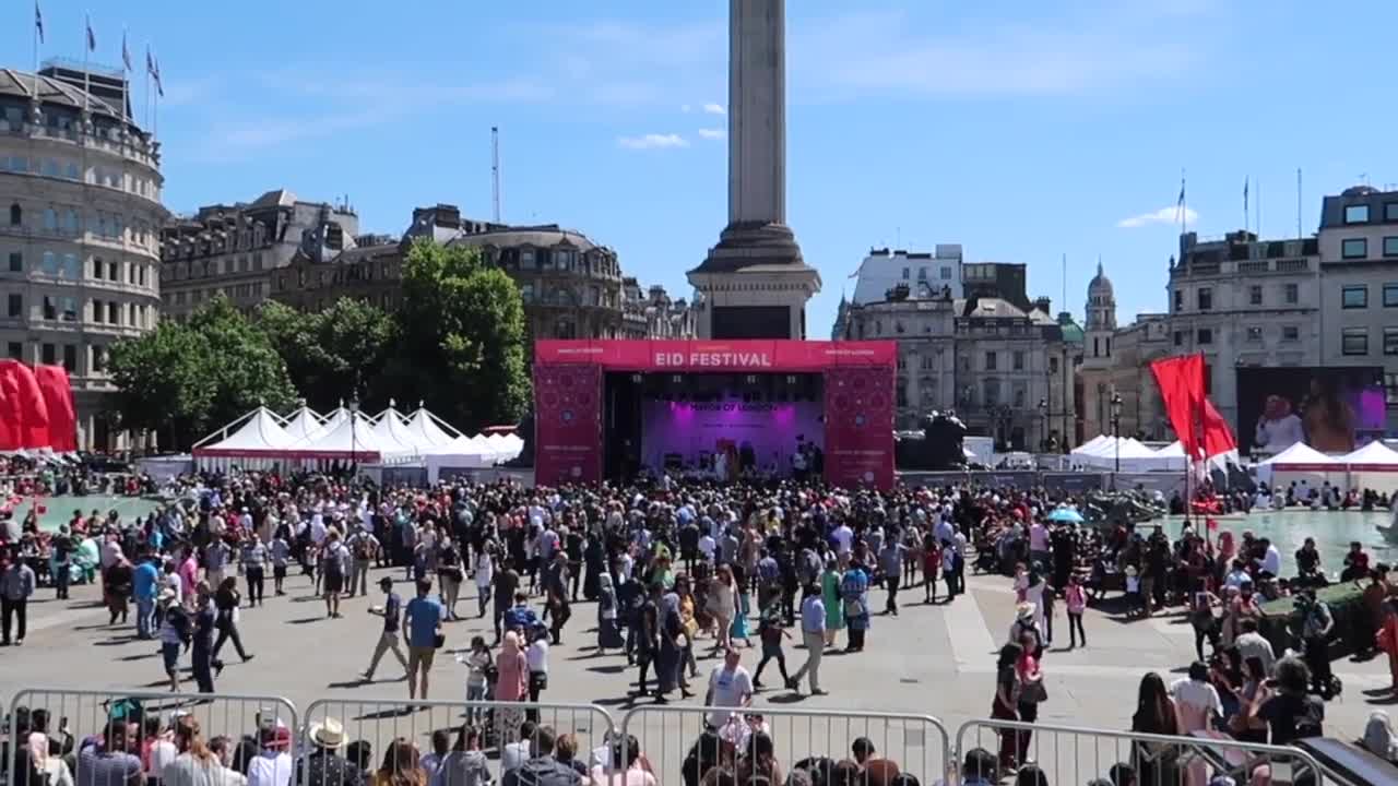 Eid Festival stage and crowds in Trafalgar Square in July 2017