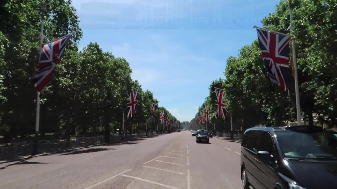 Union flags lining The Mall beneath a blue summer sky
