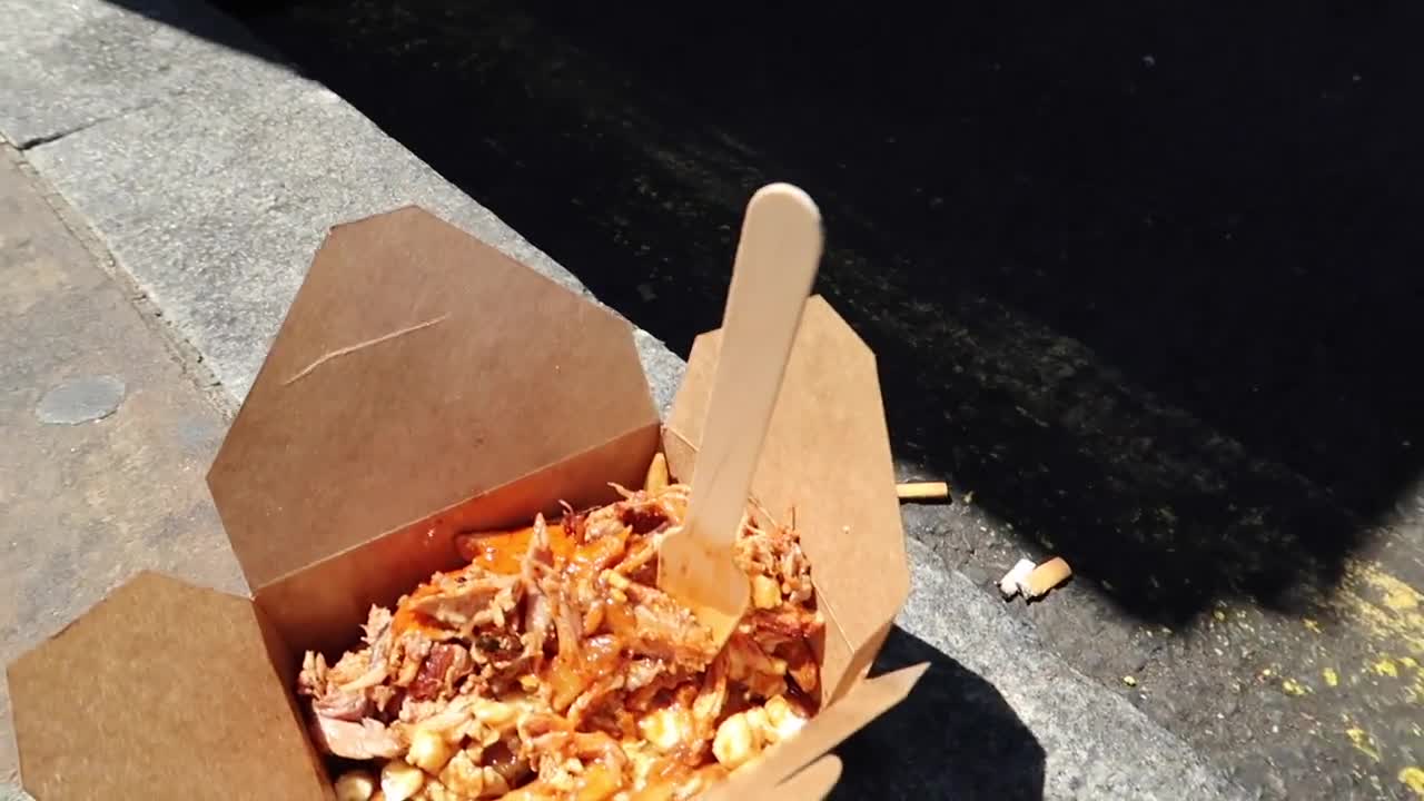 Poutine topped with meat and sauce in a takeaway box on Brick Lane