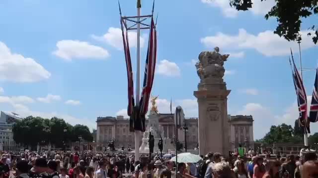 Crowds and Union flags outside Buckingham Palace in June 2017