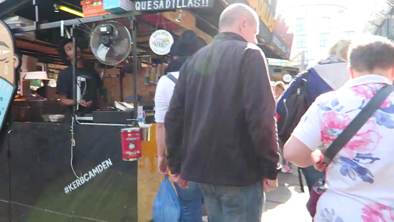 Street-food stalls and KERB signs at Camden Market in 2016