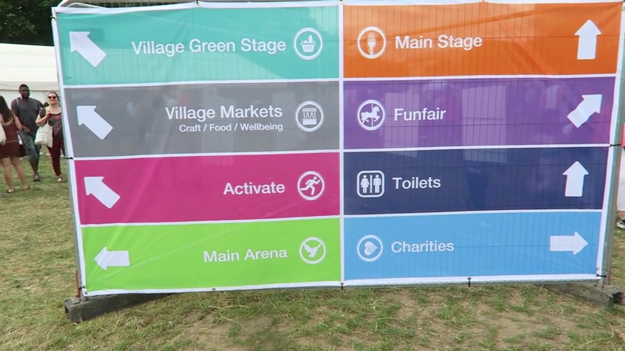 Sign pointing to stages, markets, main arena and funfair at Lambeth Country Show 2016