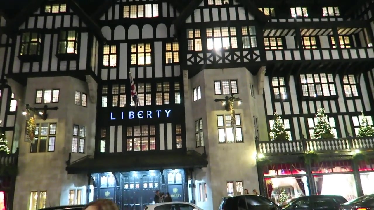 Liberty London’s illuminated Tudor Revival façade at night during Christmas 2016
