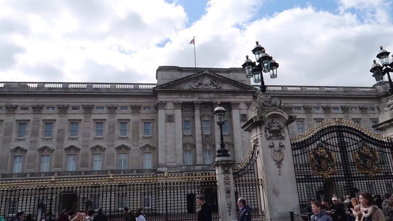 Buckingham Palace viewed across the forecourt during an April London walk