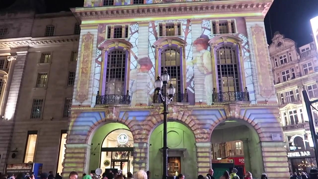 A building transformed by light during the evening walk.