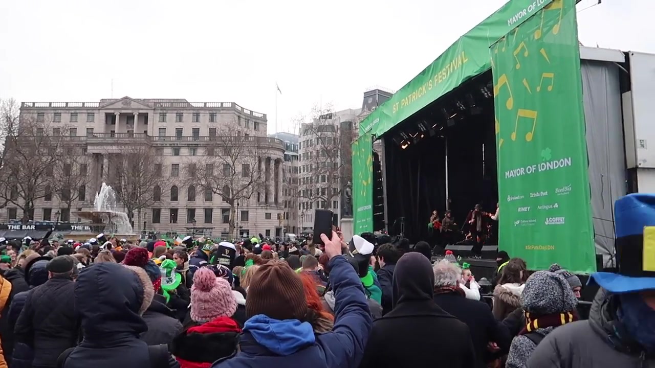 Crowds gather beside the stage for the St Patrick’s celebration in Trafalgar Square.