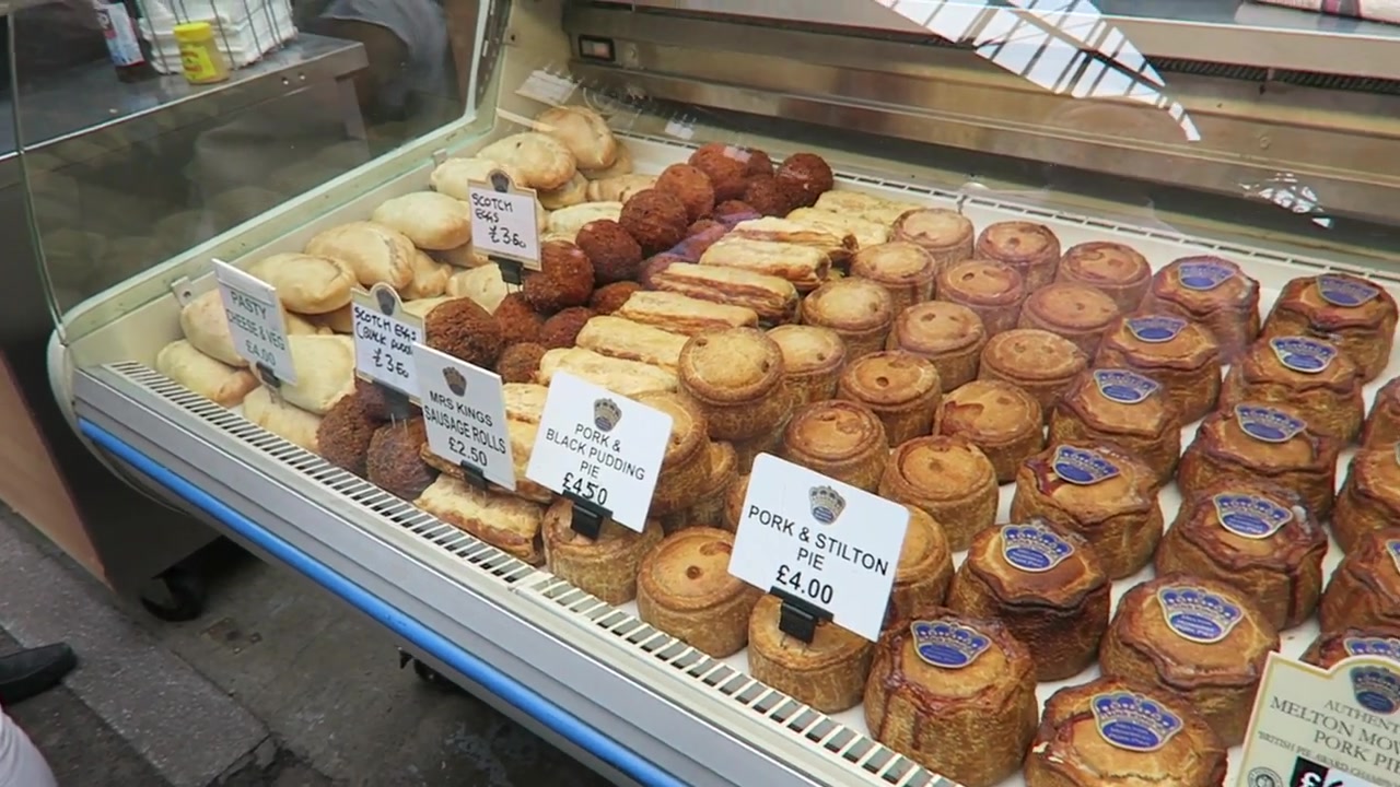 Mrs King’s pork pies and other savouries displayed at Borough Market in 2016