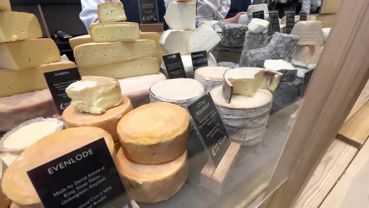 British cheeses displayed at Neal's Yard Dairy in Borough Market