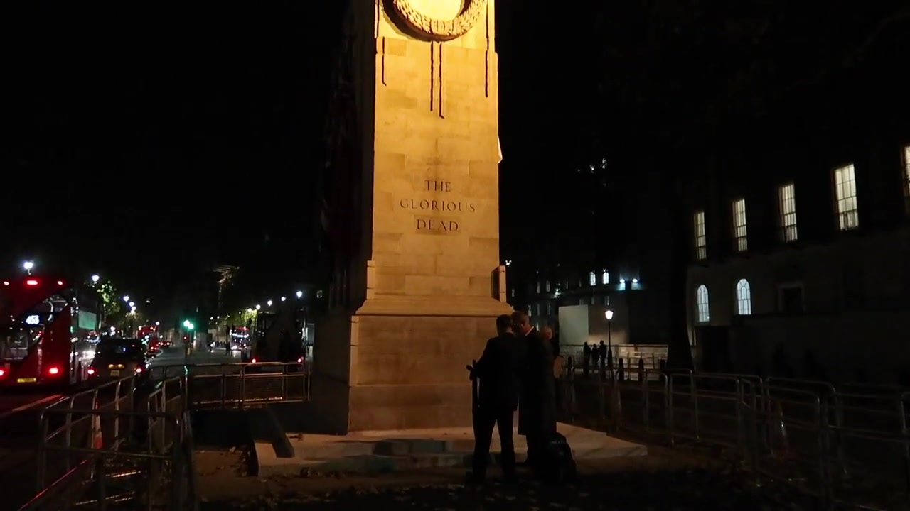 A closer view of the Cenotaph’s carved wreath during the evening visit.