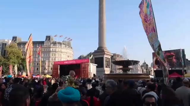Crowds and the stage in Trafalgar Square during the 2017 Diwali celebrations.