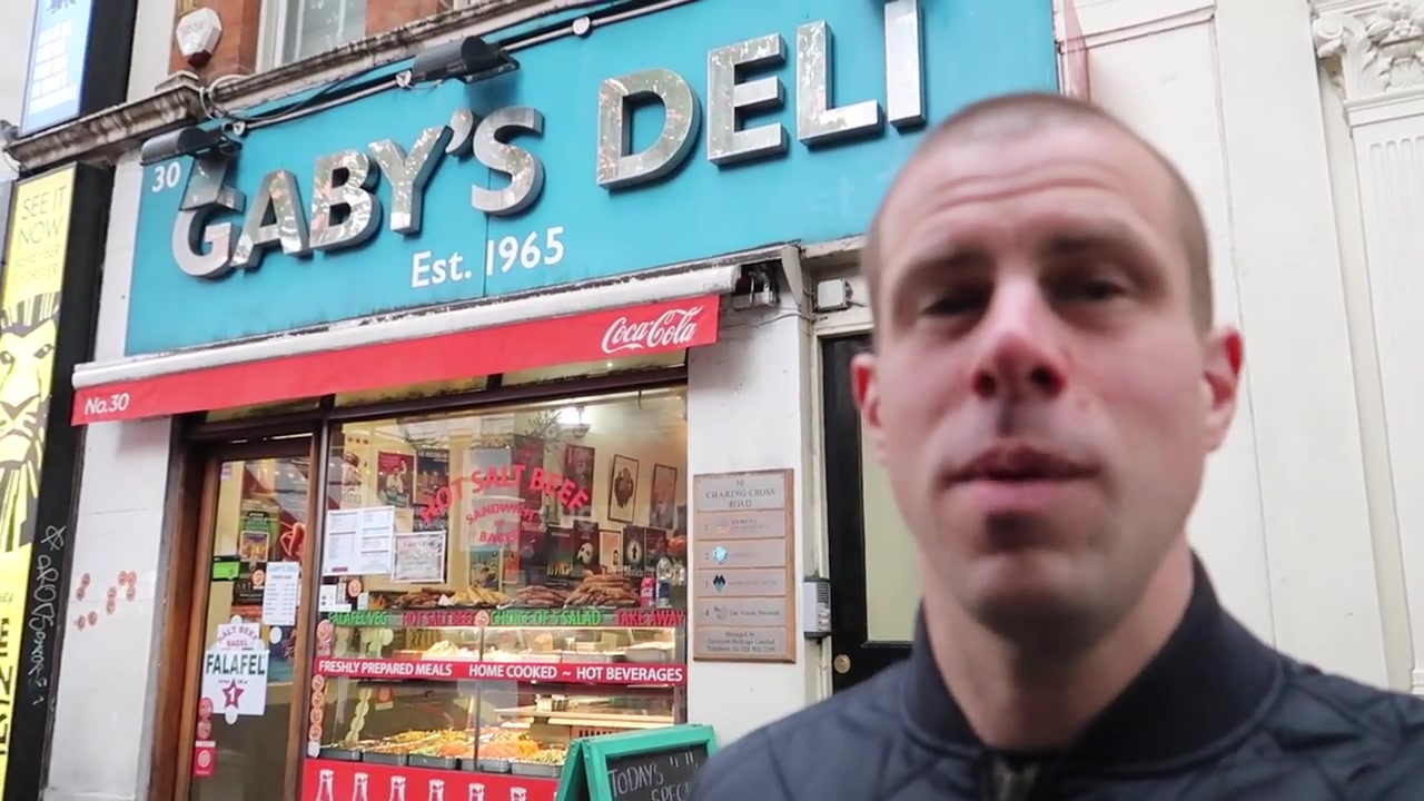 Outside Gaby’s Deli on Charing Cross Road before picking up my salt beef bagel.