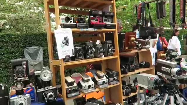 Vintage cameras displayed on wooden shelves at Portobello Road Market