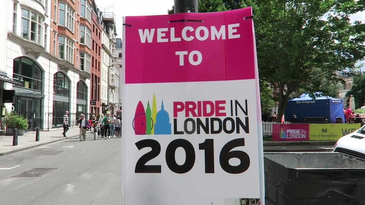 Pride in London 2016 welcome sign beside the street