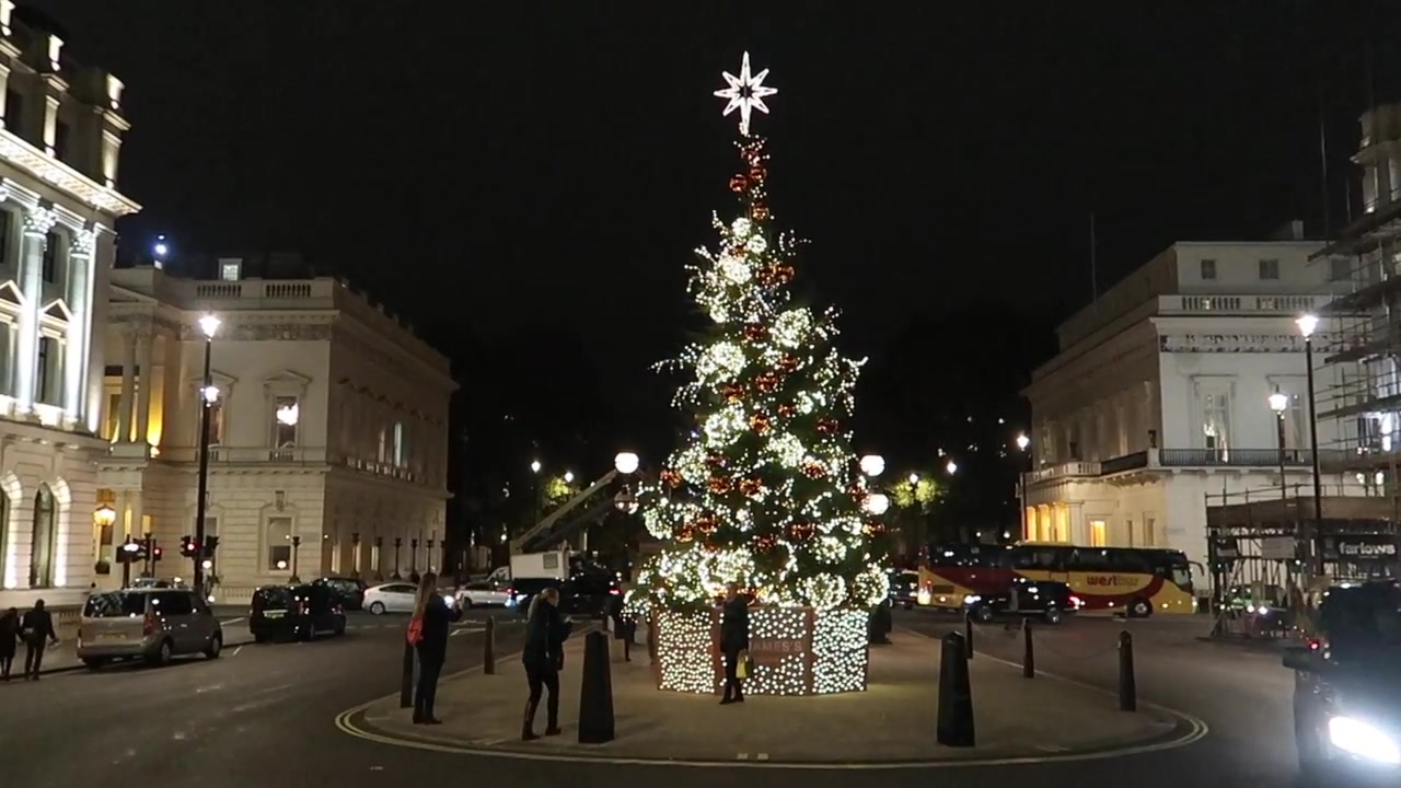 A Christmas tree topped with a bright star on the evening walk.