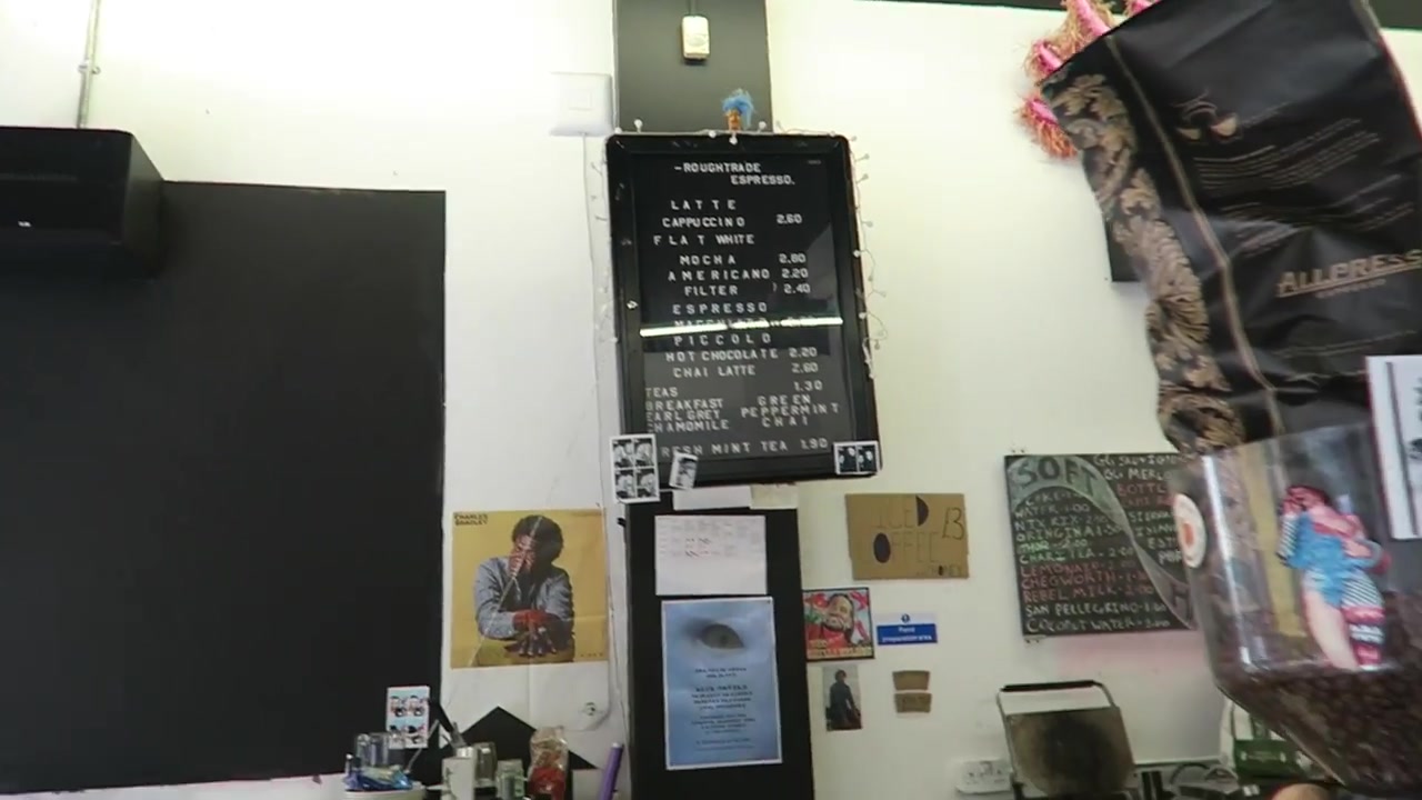 Coffee menu and counter inside Rough Trade East in 2016