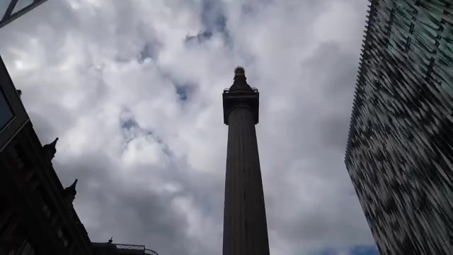 The Monument rising between City of London buildings