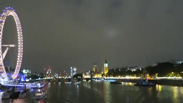 London Eye and illuminated riverside buildings across the Thames at night