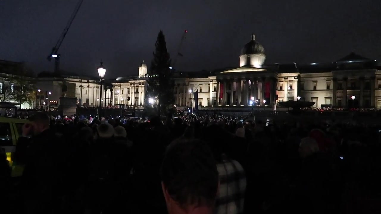 The crowd gathers beneath the unlit tree outside the National Gallery