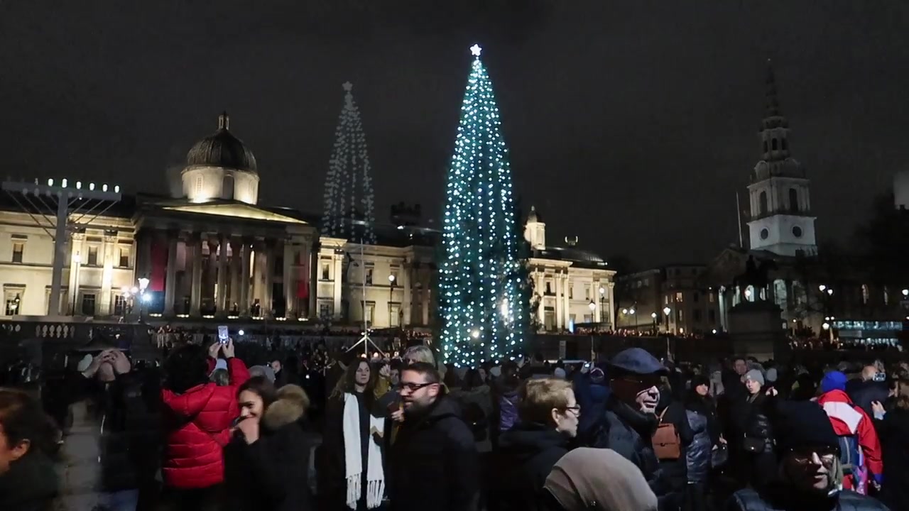 White lights run down the Norwegian Christmas tree above the crowd