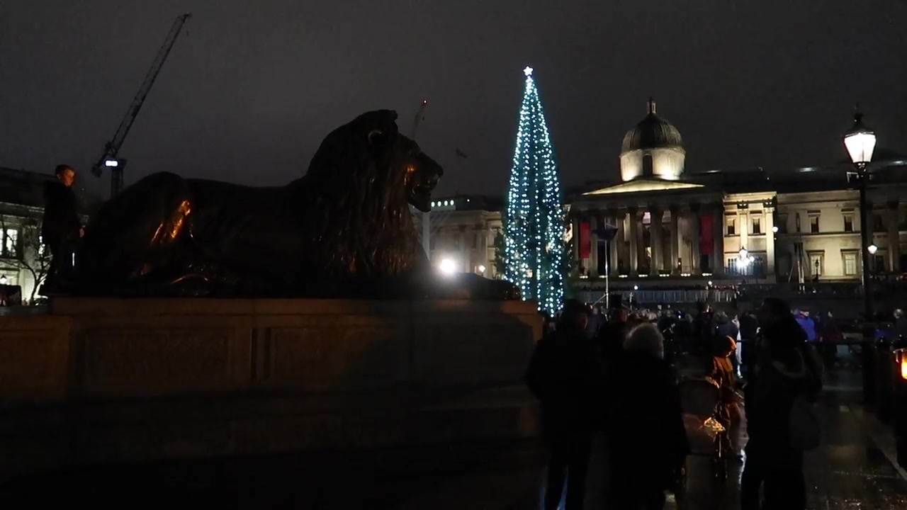 One of the square’s bronze lions with the Christmas tree beyond