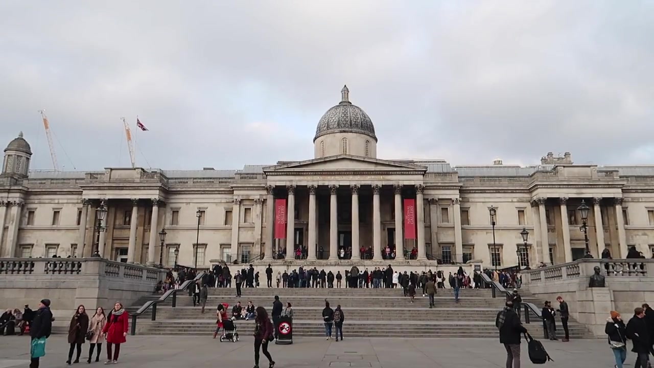The National Gallery overlooking Trafalgar Square on a winter afternoon.