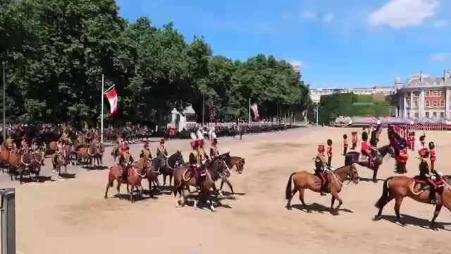 Horse-drawn artillery passing the stands at Horse Guards Parade