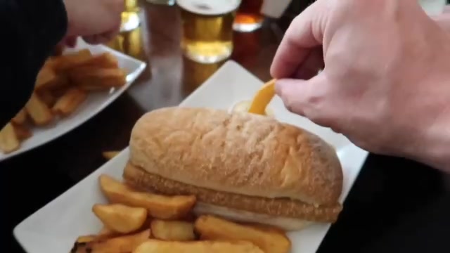 Fish finger sandwich and chips at The Chandos pub in June 2017