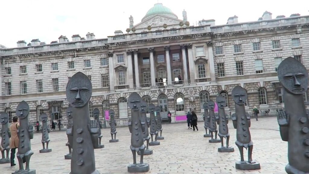 Rows of Zak Ové’s dark sculptures in the Somerset House courtyard in 2016
