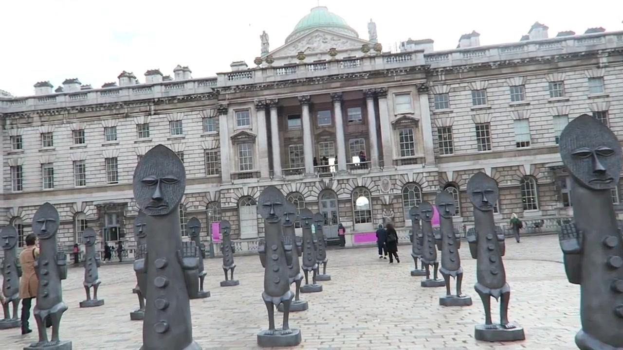Rows of Zak Ové’s dark sculptures in the Somerset House courtyard in 2016