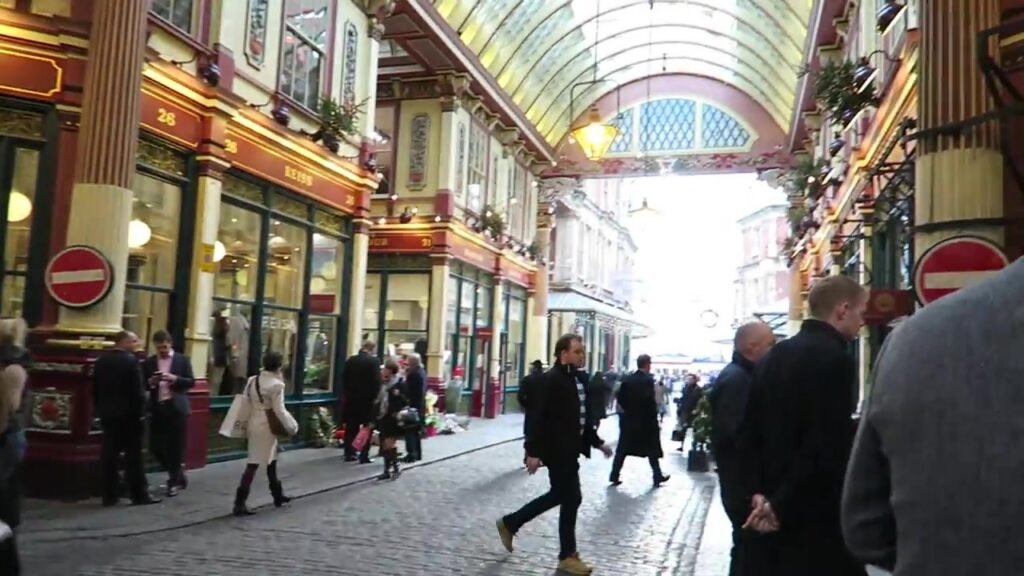 Christmas garlands beneath the glass roof of Leadenhall Market