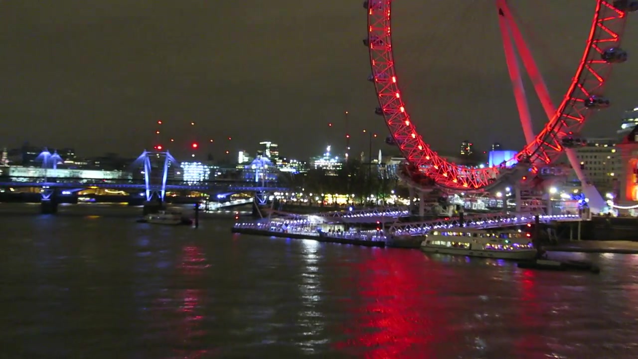 The London Eye lit red above the Thames during the Southbank Christmas market visit in 2015.