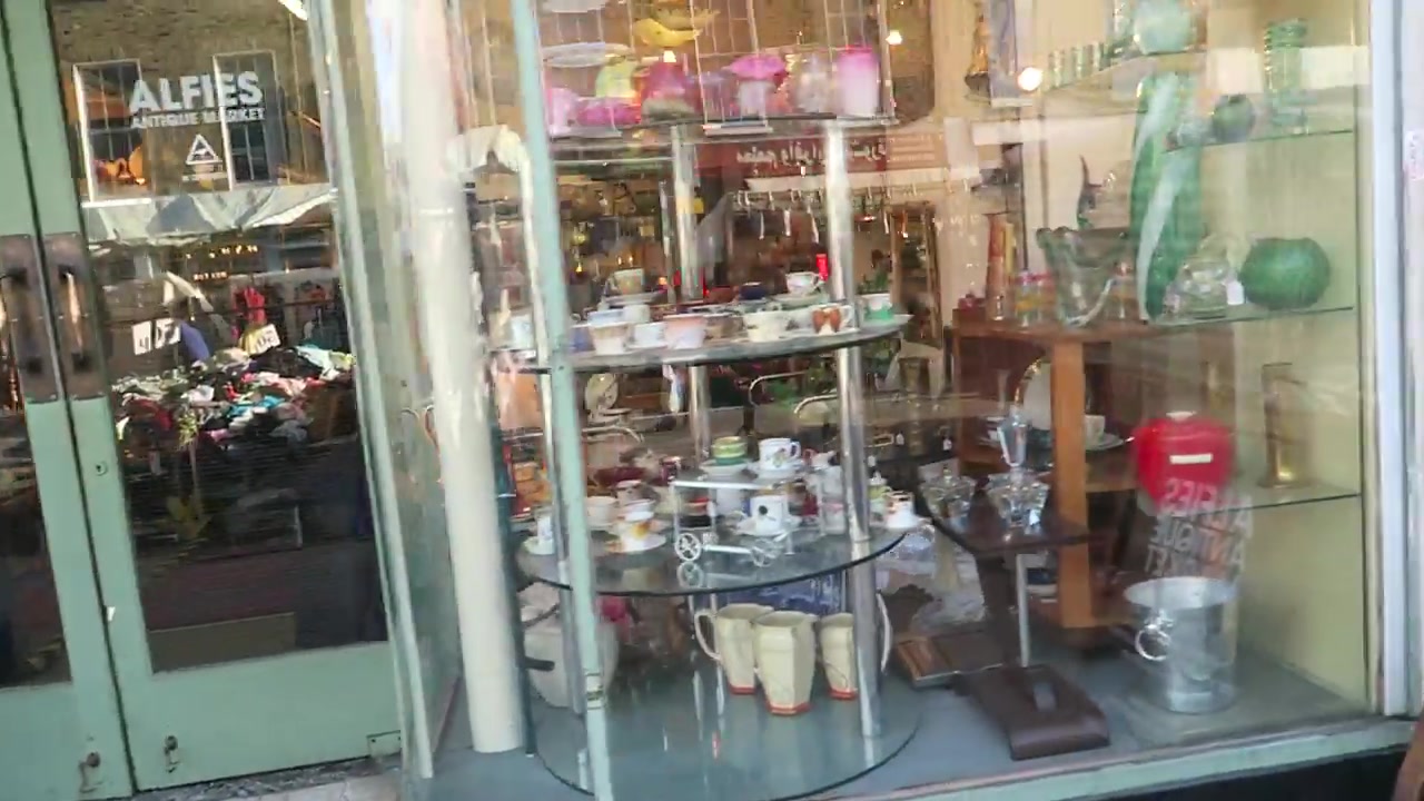 Alfies Antique Market entrance and antique-filled windows on Church Street