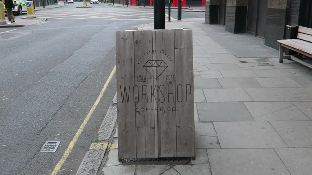 Workshop Coffee pavement sign at the start of the morning in Clerkenwell.