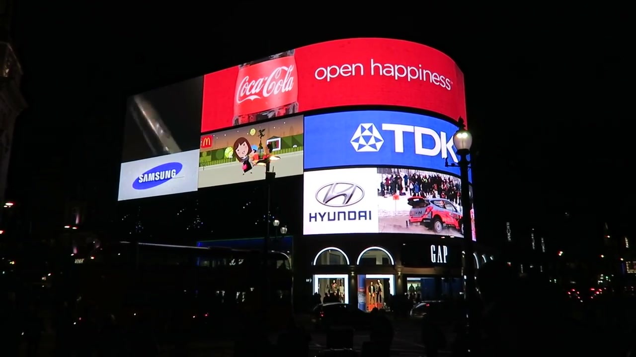 Illuminated advertising screens above Piccadilly Circus