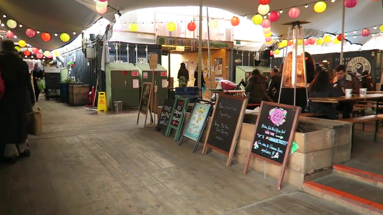 Shipping-container food traders and colourful lanterns at Pop Brixton