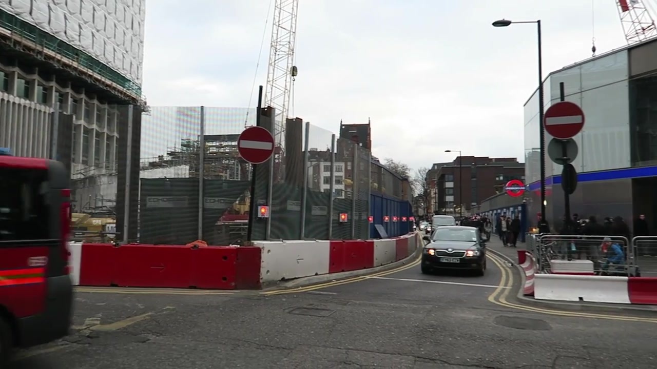 Roadworks and construction around St Giles Circus in April 2015.