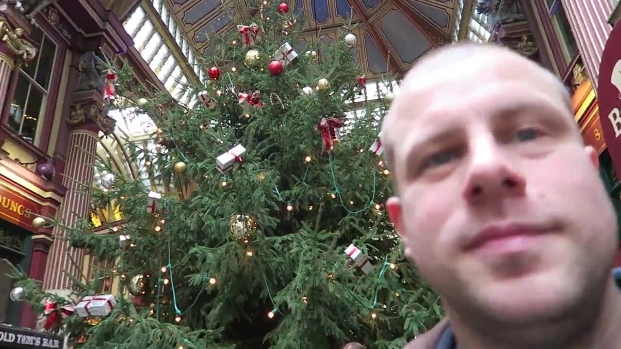 Barry beside the Christmas tree inside Leadenhall Market